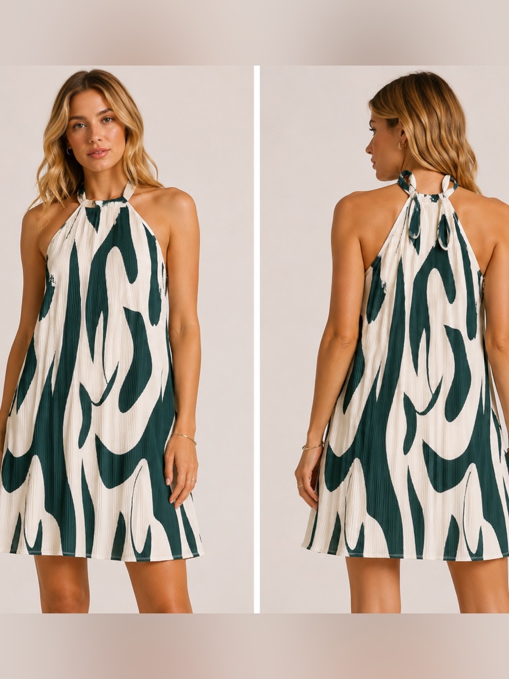 Cider GORGEOUS green & cream pleated dress L